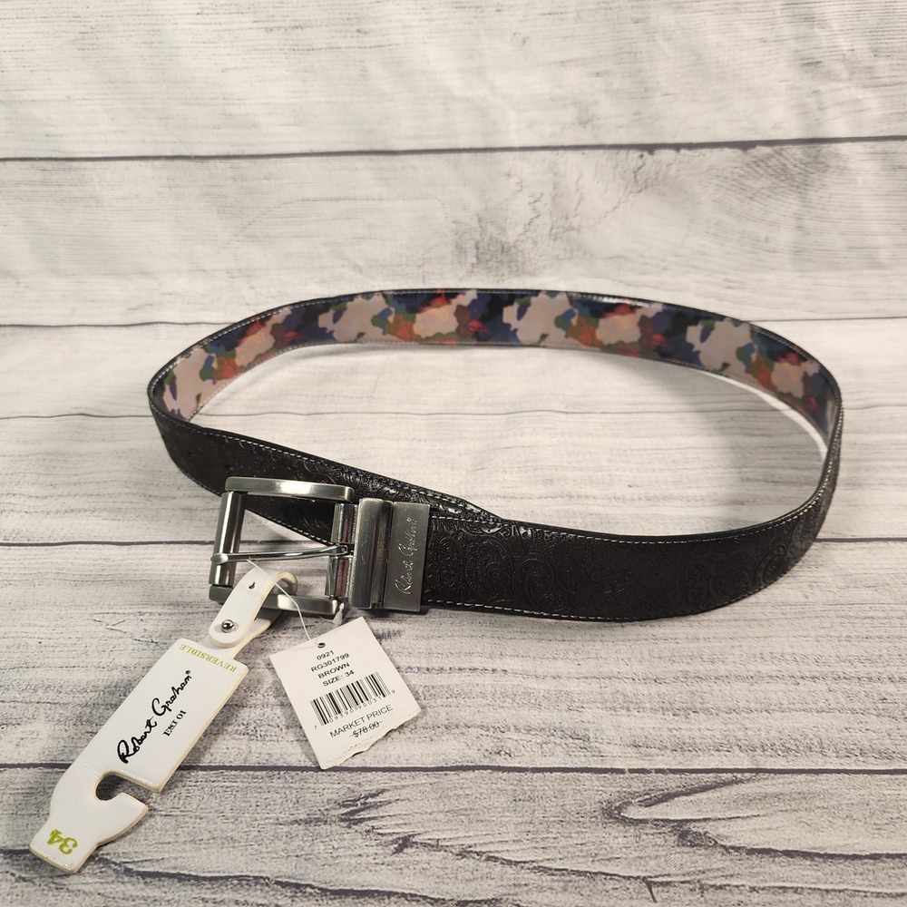 Robert Graham Size 34 Buried Treasure Reversible Belt Brown Paisley Floral NEW